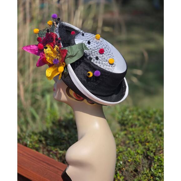 Shon Whittall Black White Straw Hat Floral Netting One Size Derby - Picture 3 of 6